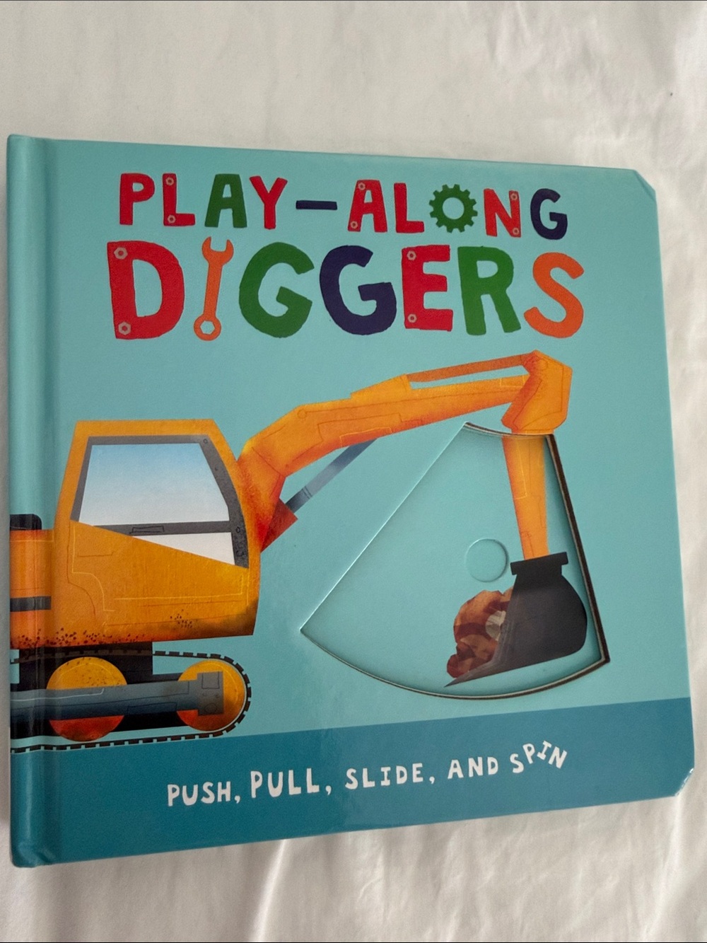 Play-Along Diggers Push Pull Slide and Spin - Blue/Orange Kids Toy Book